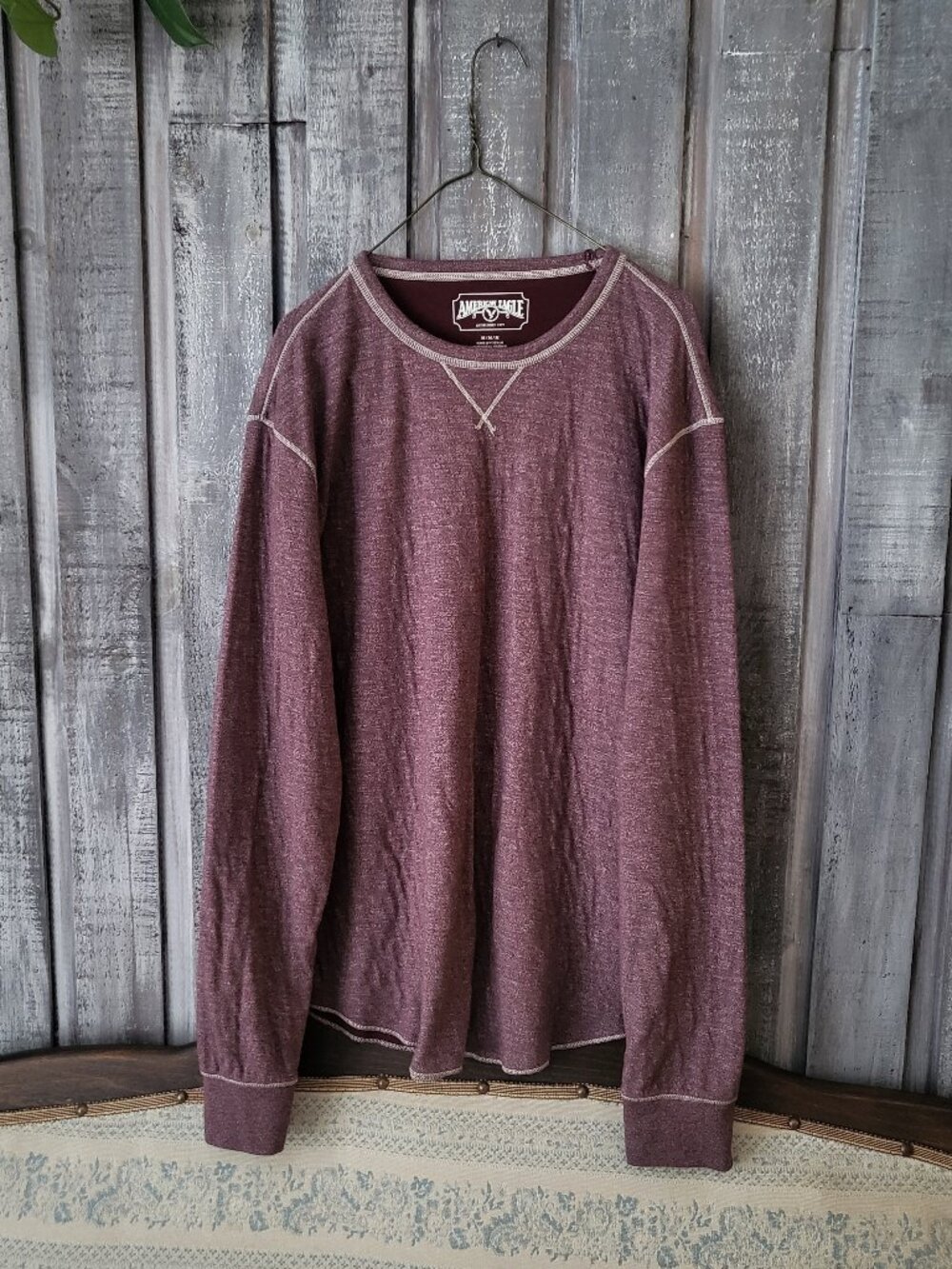 American Eagle Men Heather Maroon Long Sleeve Crewneck Tee Shirt Size Medium